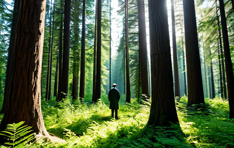 A serene, vast, and mature forest in a lush, natural landscape, with sunlight filtering through dense tree canopies. The image conveys the immense scale of natural carbon sequestration, showing a healthy, thriving ecosystem. A lone professional ecologist, fully clothed in modest outdoor attire, stands respectfully observing the trees, embodying perfect anatomy, correct proportions, and a natural pose, with well-formed hands and proper finger count. Professional photography, high quality, ultra-detailed, vibrant colors, safe for work, appropriate content, fully clothed, professional dress, family-friendly.
