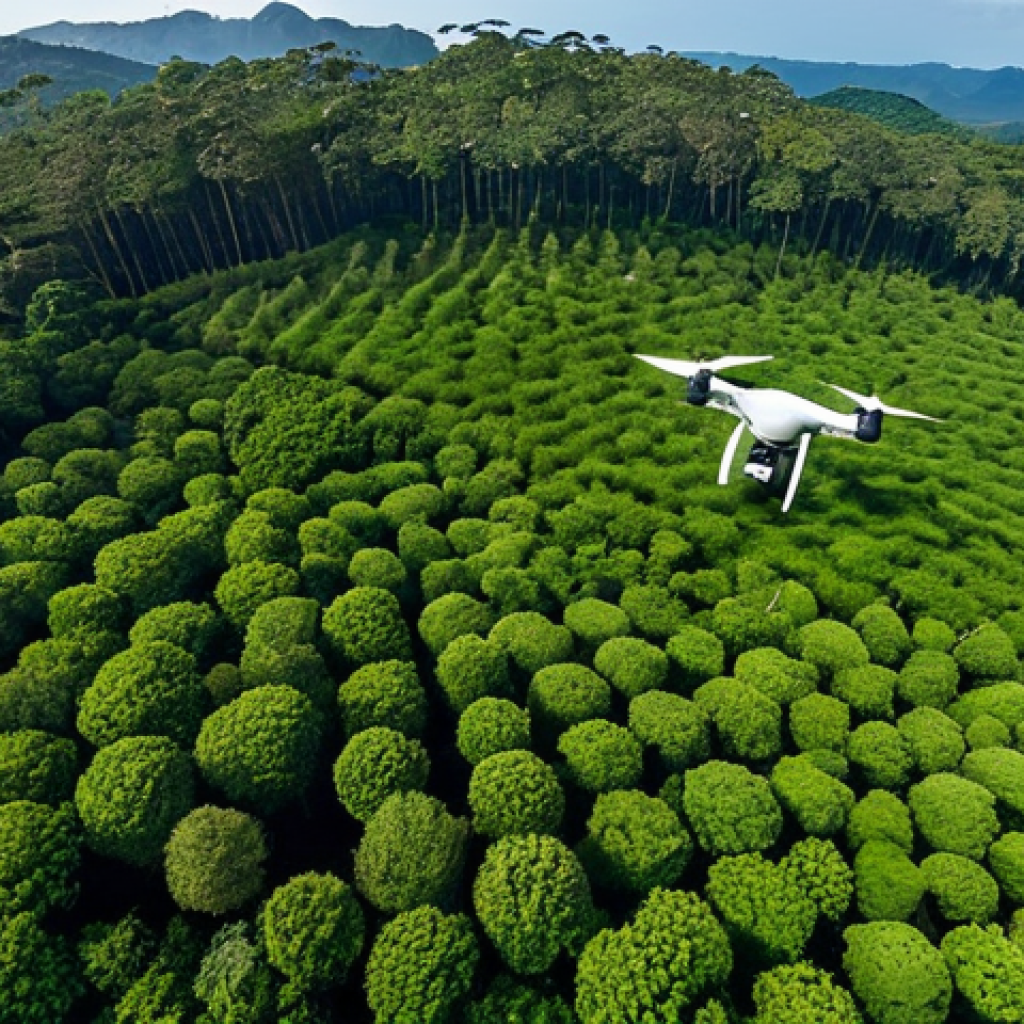 Drone Monitoring Reforestation**
"A drone flying over a lush, green reforestation project in Brazil, capturing high-resolution images. IoT sensors are visible in the soil. The scene showcases a mix of technology and nature, highlighting the modern approach to forestry. Focus on the vibrant greenery and the advanced technology. Safe for work, appropriate content, fully clothed, professional, perfect anatomy, natural proportions, high quality."
**