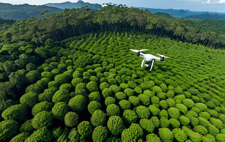 Drone Monitoring Reforestation**
"A drone flying over a lush, green reforestation project in Brazil, capturing high-resolution images. IoT sensors are visible in the soil. The scene showcases a mix of technology and nature, highlighting the modern approach to forestry. Focus on the vibrant greenery and the advanced technology. Safe for work, appropriate content, fully clothed, professional, perfect anatomy, natural proportions, high quality."
**