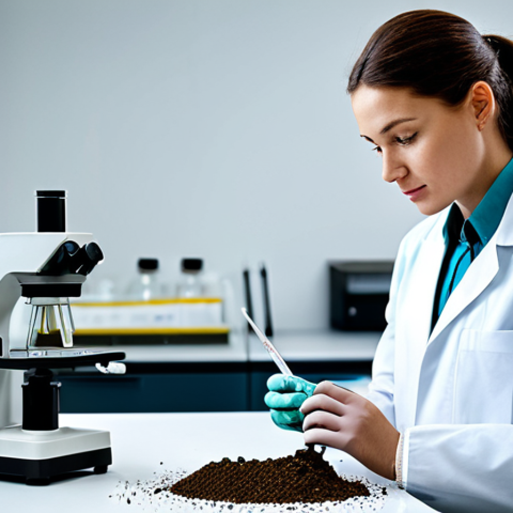 **
"Environmental scientist in a lab coat analyzing soil samples, working in a modern laboratory setting, fully clothed, appropriate attire, safe for work, perfect anatomy, natural proportions, professional photography, high quality."
**