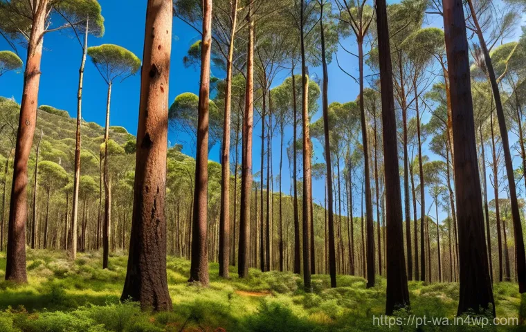 탄소 격리 식재 프로젝트의 지속 가능한 자원 관리 - **Prompt 1: A Vibrant Portuguese Pine and Eucalyptus Forest**
A realistic, wide-angle shot of a ...