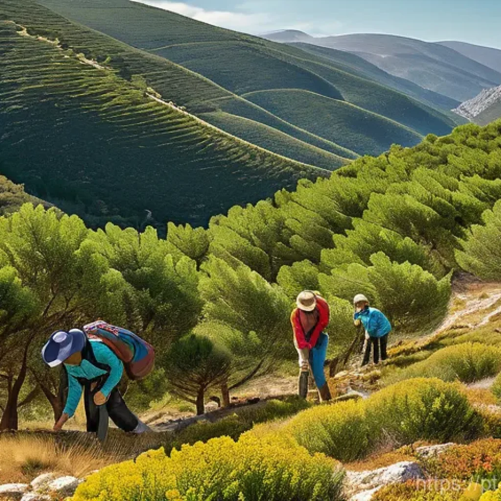 탄소 격리 식재 프로젝트의 지역사회 참여 방안 - **Prompt:** A vibrant, sun-drenched scene depicting a reforestation project in the Serra da Estrela ...