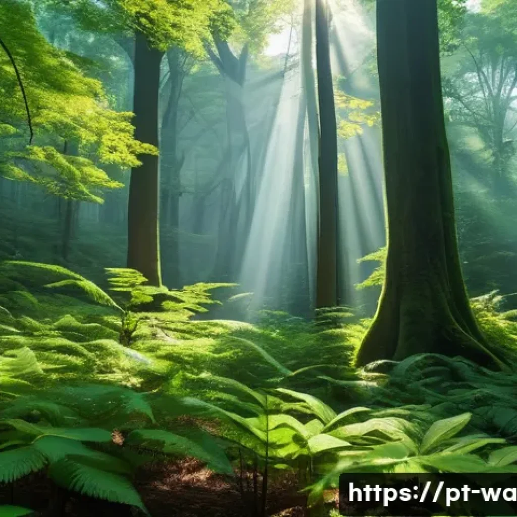 탄소 격리 식재의 상호작용 연구 - A vibrant, sun-drenched forest where towering, mature trees and lush, diverse undergrowth thrive. Su...