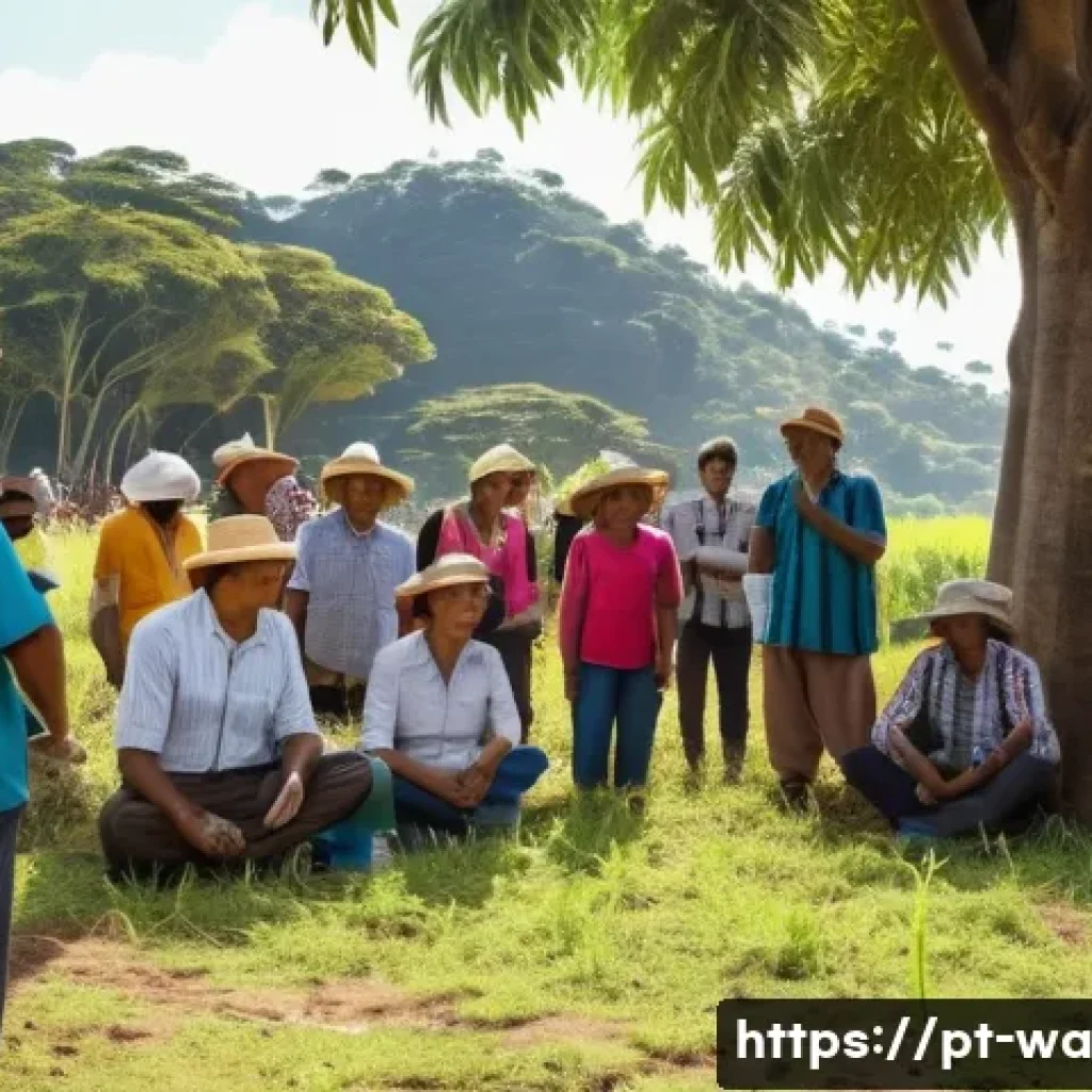 탄소 격리 식재를 위한 커뮤니케이션 전략 - A vibrant rural Brazilian community meeting outdoors under large native trees, diverse local people ...