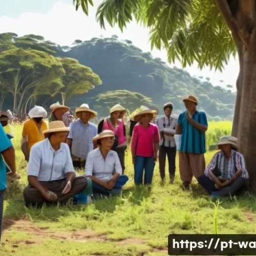 Home 33 탄소 격리 식재를 위한 커뮤니케이션 전략 - A vibrant rural Brazilian community meeting outdoors under large native trees, diverse local people ...
