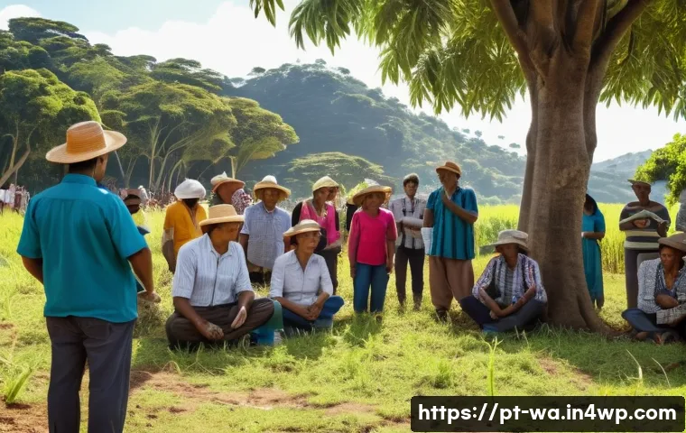 탄소 격리 식재를 위한 커뮤니케이션 전략 - A vibrant rural Brazilian community meeting outdoors under large native trees, diverse local people ...