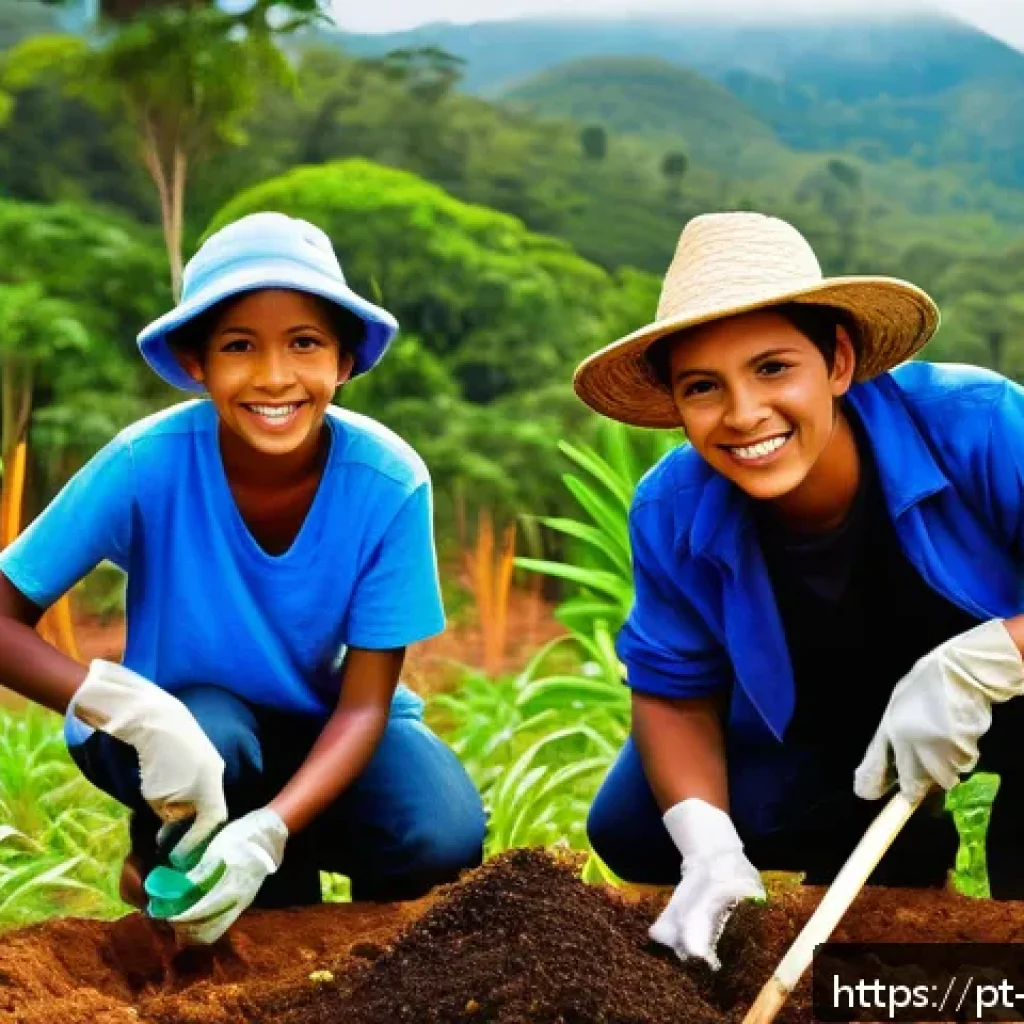 탄소 격리 식재의 참여형 연구 사례 - A vibrant community tree-planting event in a lush Brazilian forest, featuring diverse local people o...