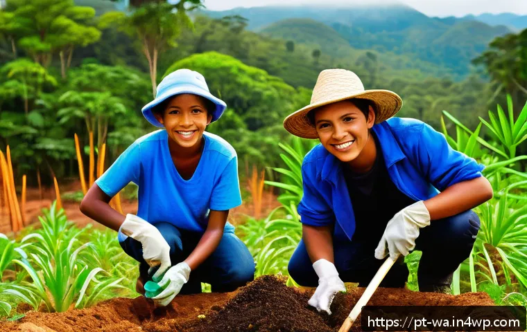 탄소 격리 식재의 참여형 연구 사례 - A vibrant community tree-planting event in a lush Brazilian forest, featuring diverse local people o...