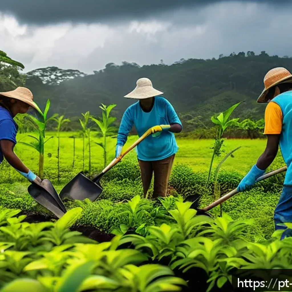 탄소 격리 식재를 위한 자원 봉사자 교육 프로그램 - A vibrant scene of diverse volunteers planting native Brazilian trees such as Ipê-amarelo and Jatobá...