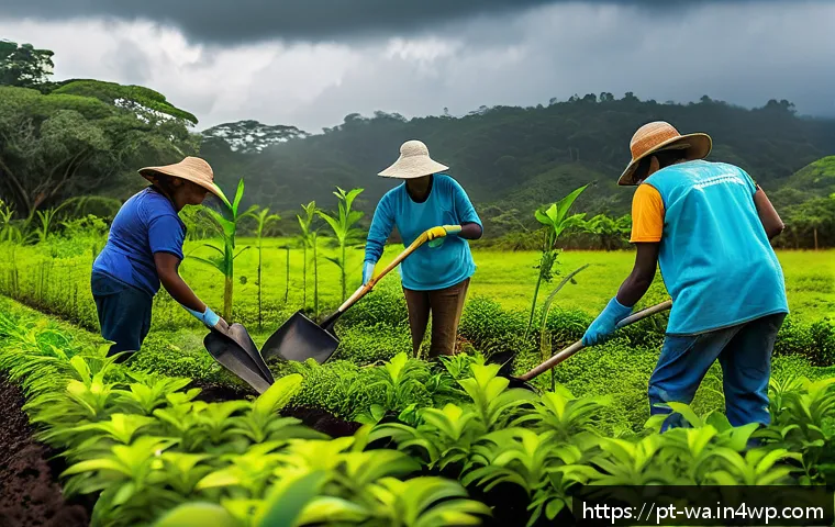 탄소 격리 식재를 위한 자원 봉사자 교육 프로그램 - A vibrant scene of diverse volunteers planting native Brazilian trees such as Ipê-amarelo and Jatobá...