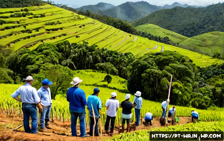 탄소 격리 식재 프로젝트의 목표 설정 방법 - Photorealistic wide-angle scene in rural Brazil: a diverse team of farmers, environmental planners, ...
